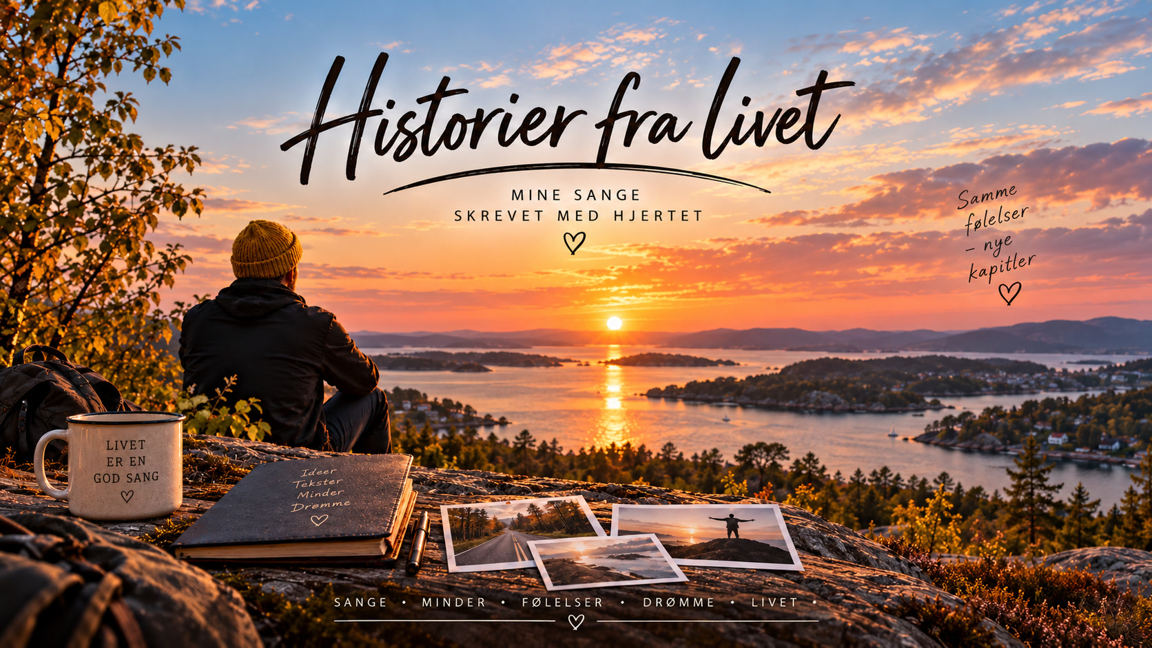 Historier fra livet – cover med Claus i gul strikhue ved fjorden
